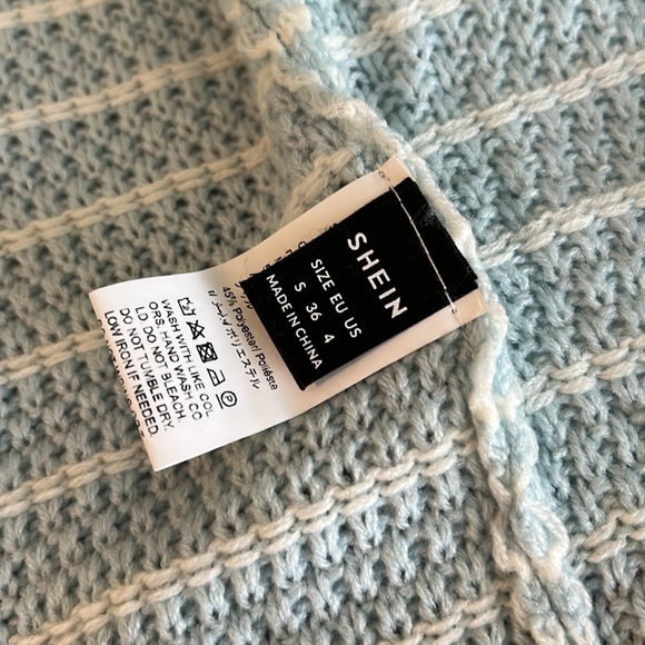 SHEIN Light Blue Knit Sweater Granny Square Crochet S NEW Striped Cardigan - Picture 9 of 10